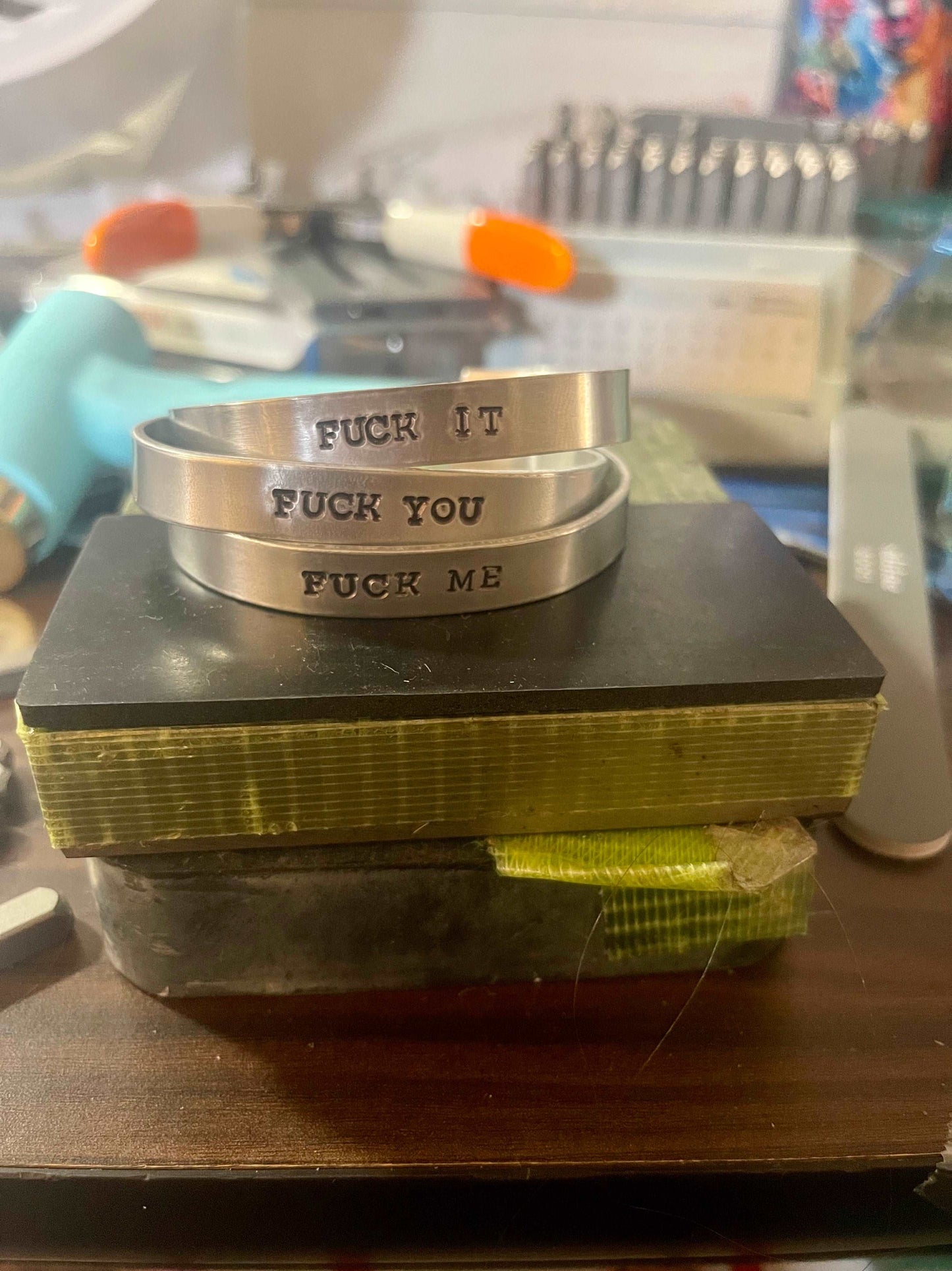Fuck it, Fuck You, Fuck Me hand stamped bracelets