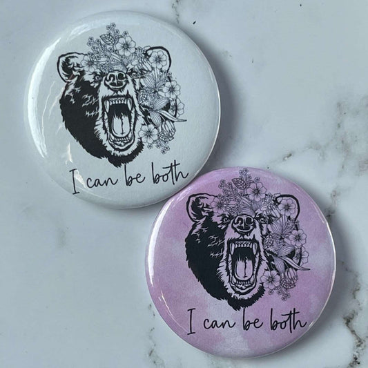 2.2in I can be both, Momma bear pinback button - MetalLadyBoutiquewhite background
