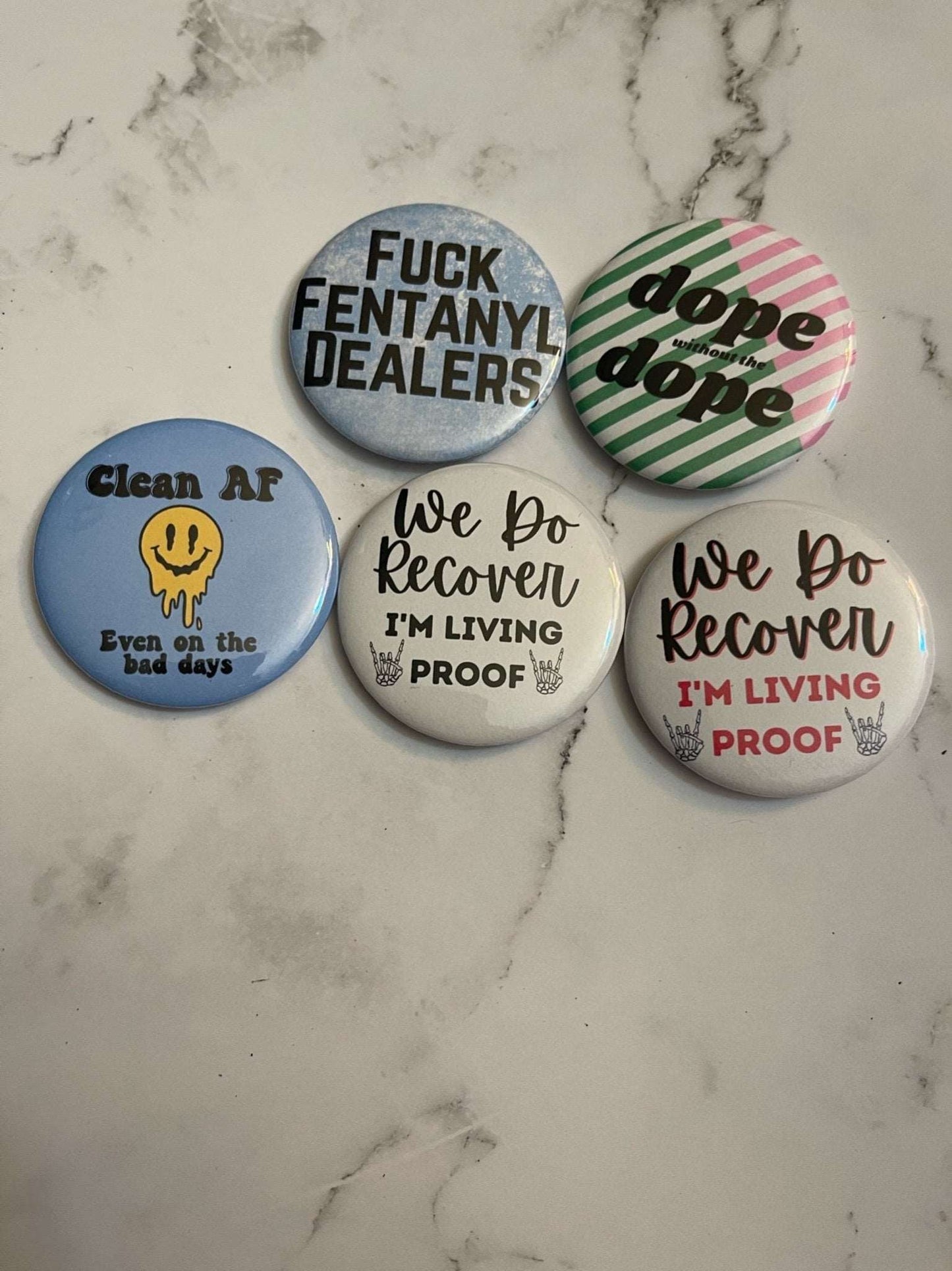 2.2in We Do Recover, I'm living proof pinback button - MetalLadyBoutiquewhite and black