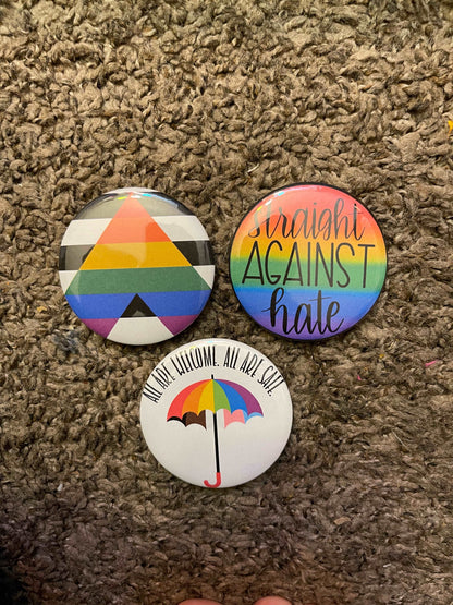 2 inch 3 piece Ally Pride pinback button badge set