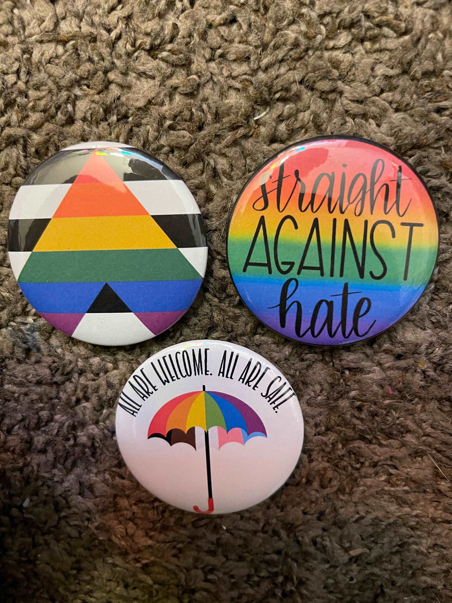 2 inch 3 piece Ally Pride pinback button badge set