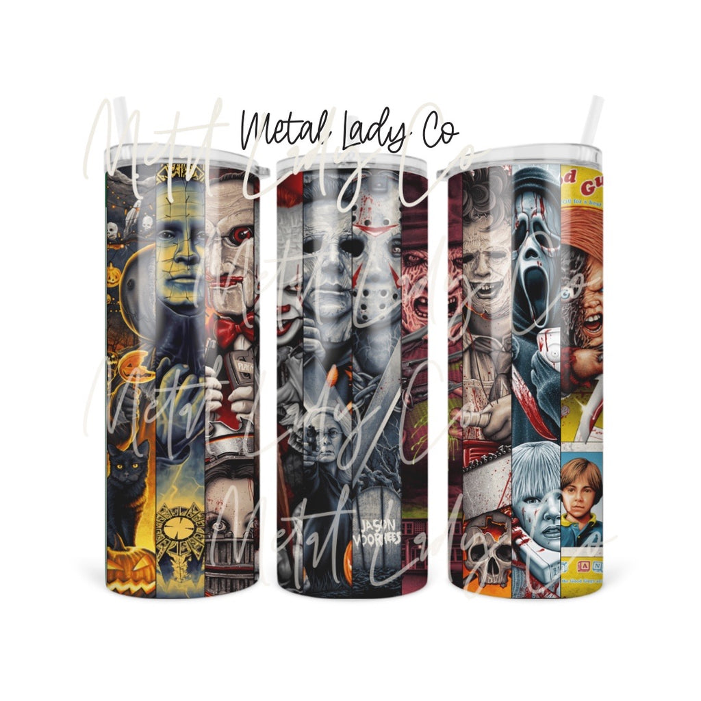 Mockup of 3 sizes of a tumbler featuring 9 horror Villans 