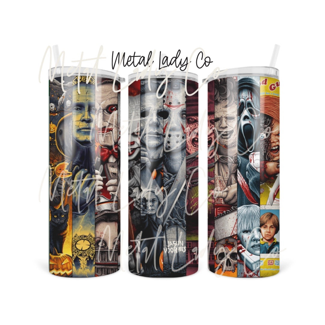 Mockup of 3 sizes of a tumbler featuring 9 horror Villans 