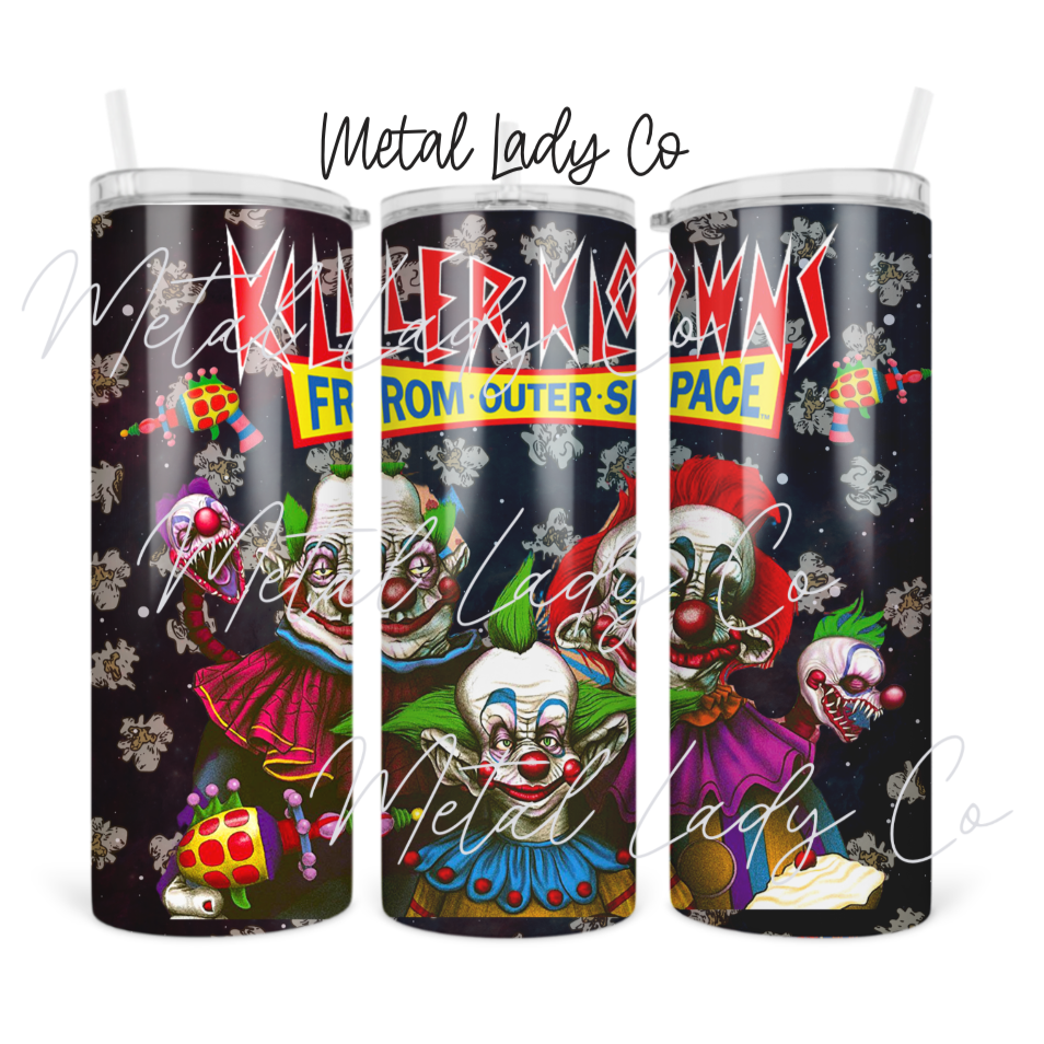 Three different views of a set of metal popcorn cups with a clown theme, including the front, side, and back, labeled 'Killer Klowns from Outer Space'.