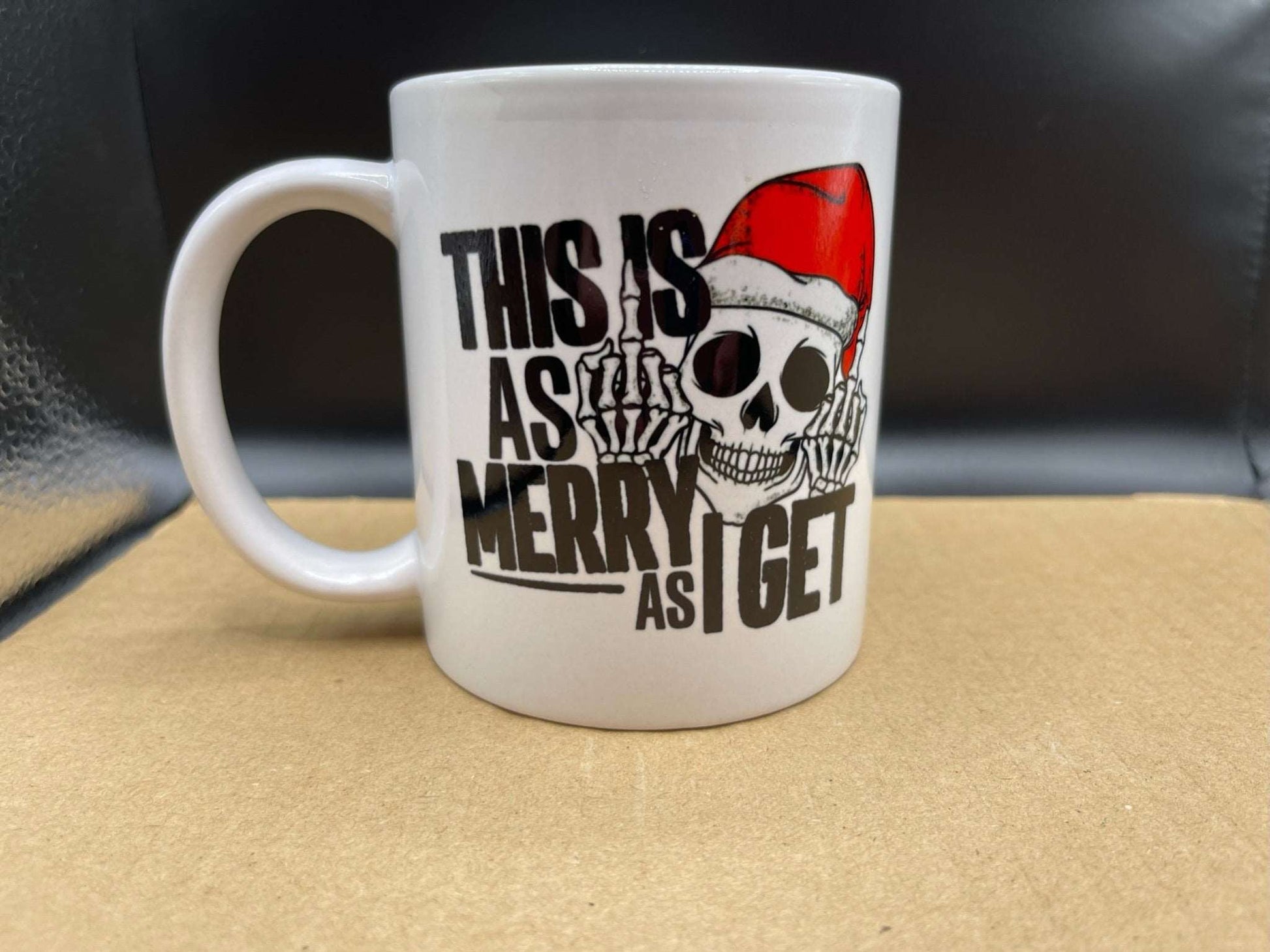 Christmas mug skeleton, This is as merry as I get middle finger cup