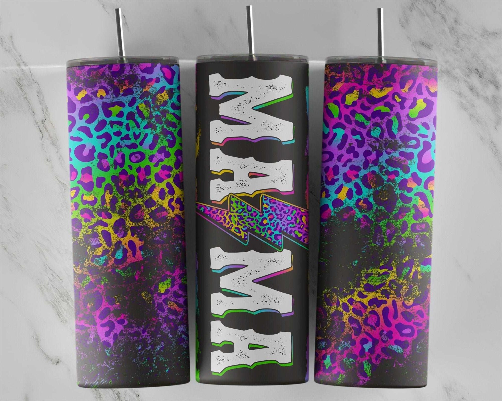 MAMA Neon Cheetah Print Tumbler, Lisa Frank Inspired 20 oz