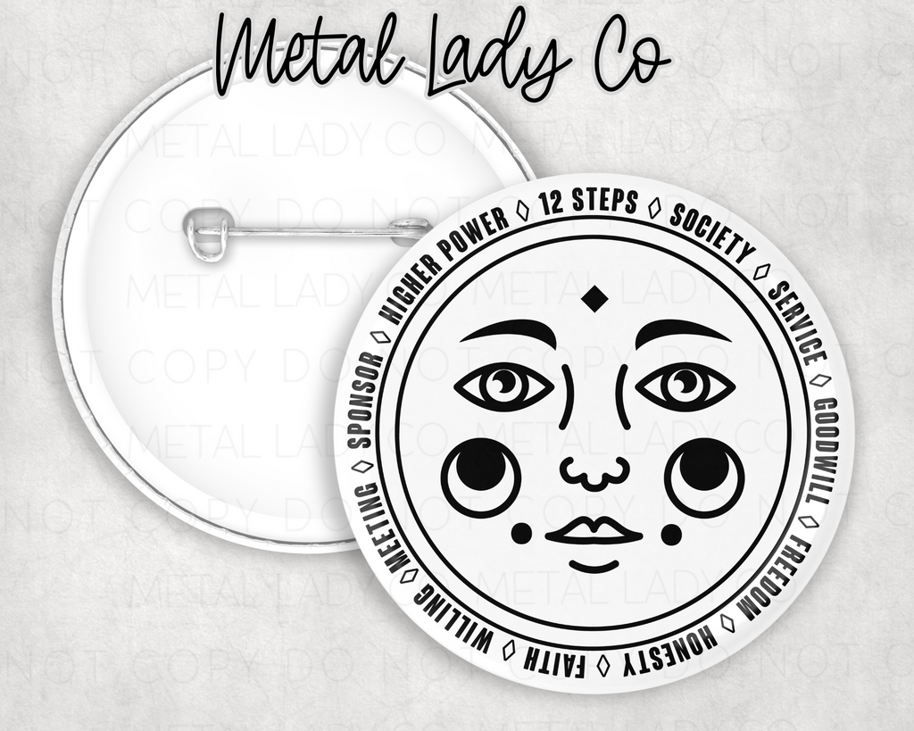 Button with the 12 spiritual principles of Narcotics Anonymous
