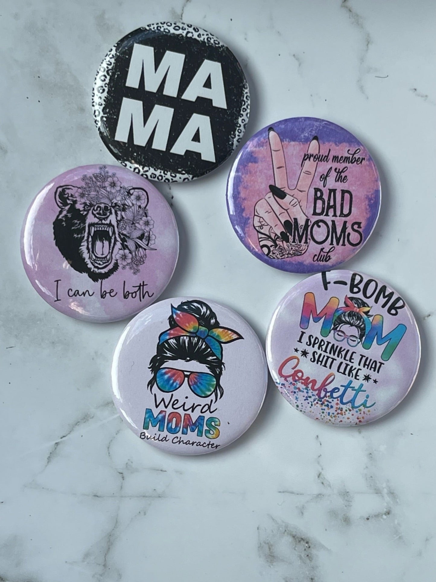 2.2in, 5-Pack Mom Pinback Button Badge Bundle - MetalLadyBoutique