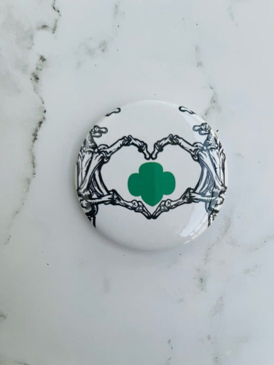 2.2in Trefoil Skeleton Heart Hands Pinback Button Badge Pin - MetalLadyBoutique