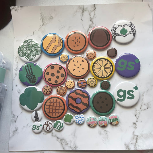 32 1 and 2.2 inch Girl Scout Cookie Pinback button badge pins, Girl Scout Gifts