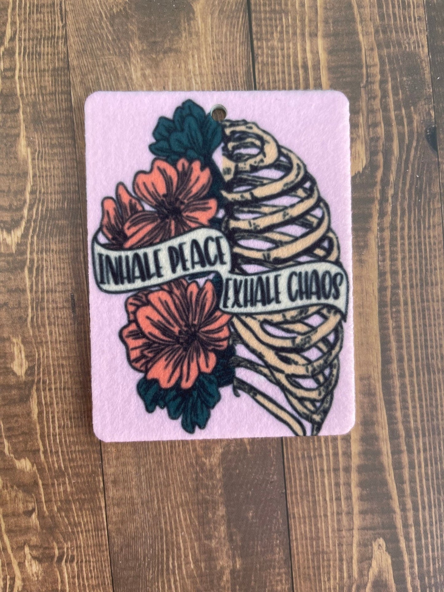 Inhale peace exhale chaos air freshener, floral Skeleton